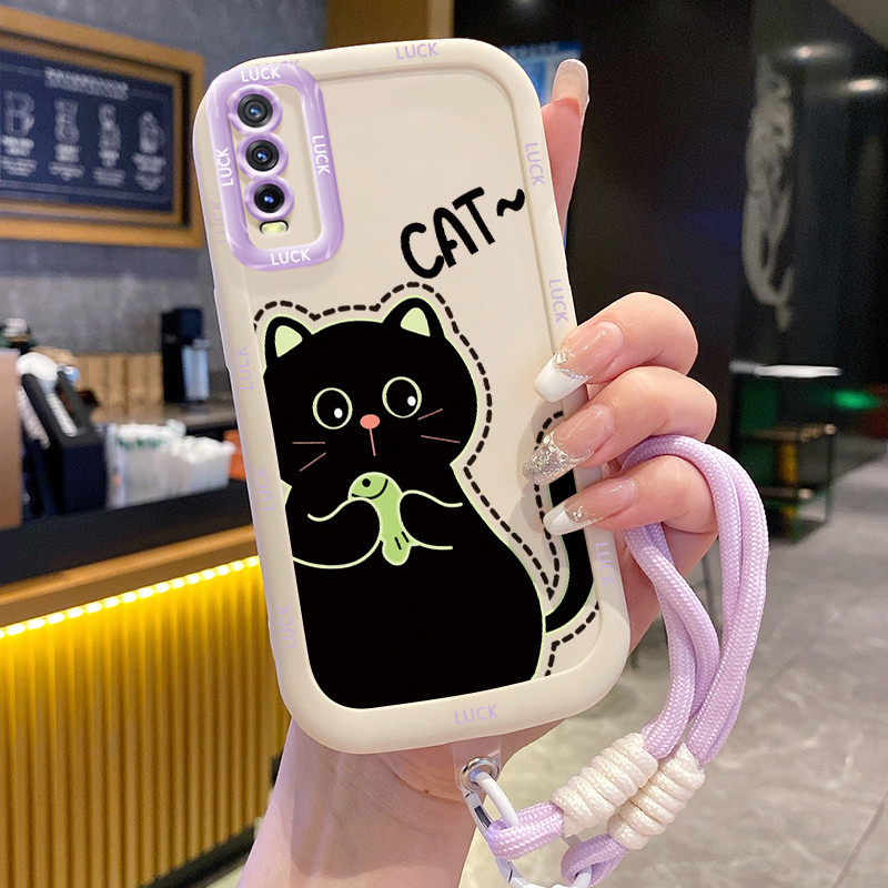 Ốp Lưng VIVO Y20 Y20i Y20s Y20A Y20G Y12A Y12S Y11s Case Mèo đen nhỏ Với Lanyard