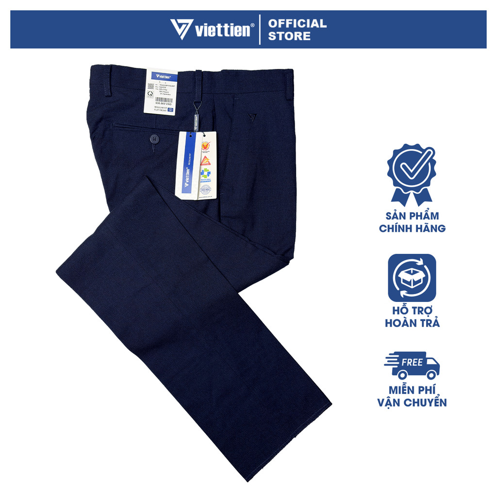 VIETTIEN SALE - Quần Tây Việt Tiến, Màu Xanh Navy, Họa Tiết Trơn, Form Regular Fit Không Ly