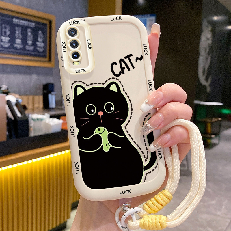 Ốp Lưng VIVO Y20 Y20i Y20s Y20A Y20G Y12A Y12S Y11s Case Mèo đen nhỏ Với Lanyard