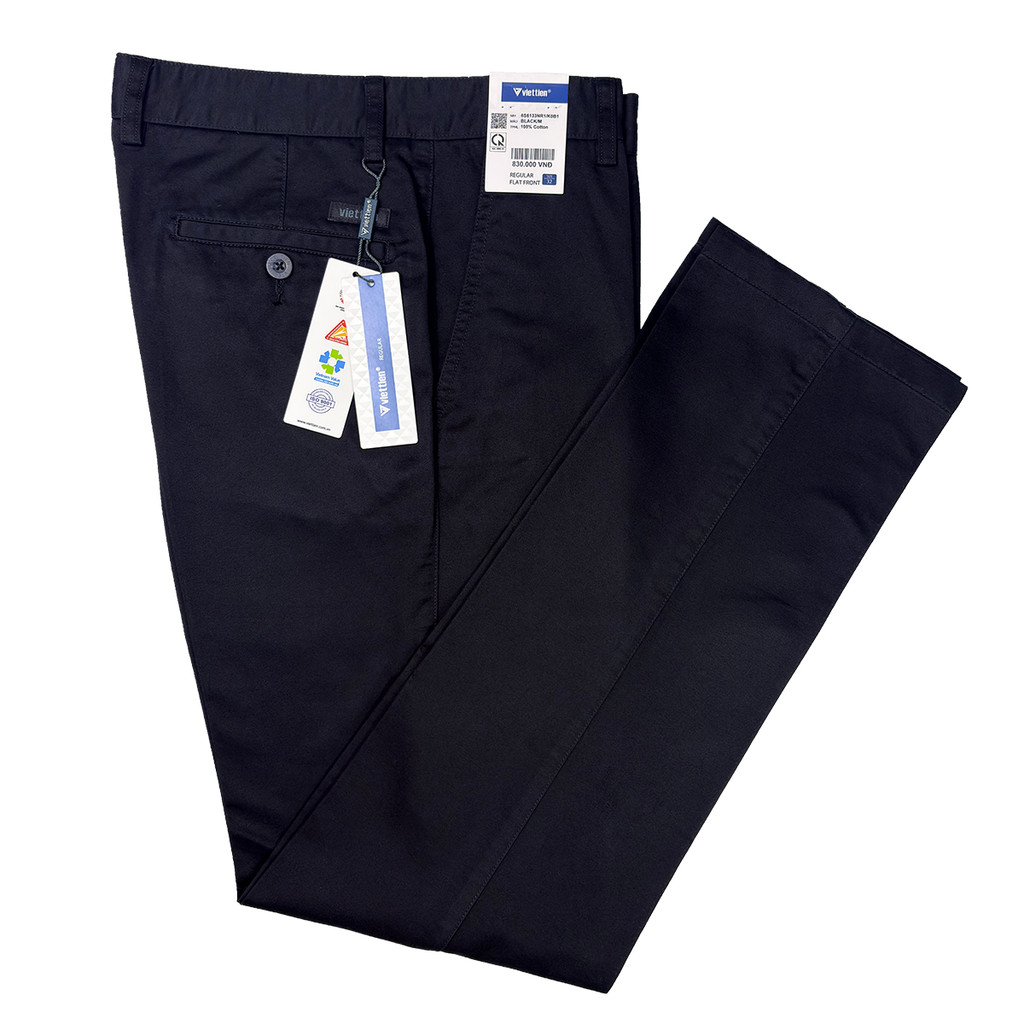 VIETTIEN SALE - Quần Kaki Việt Tiến, Màu Đen, Họa Tiết Trơn, Form Regular Không Ly