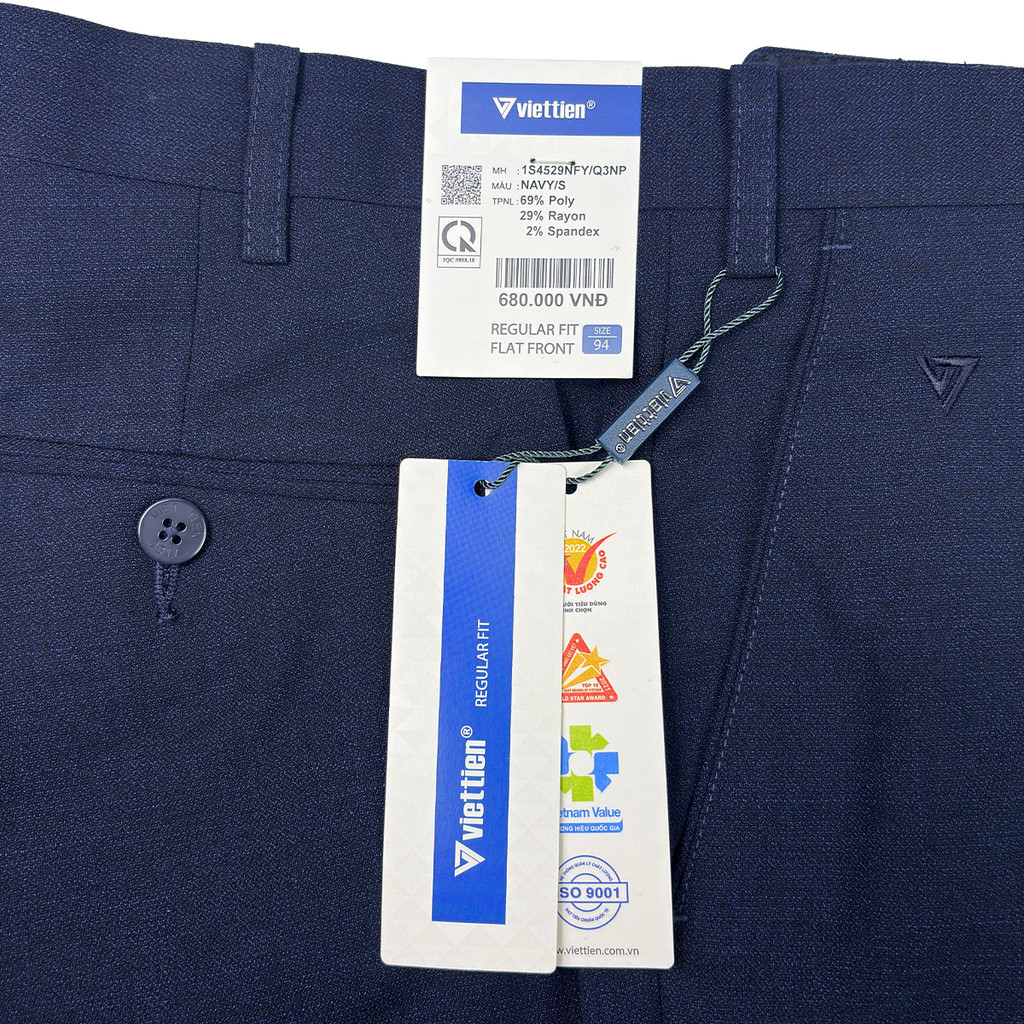 VIETTIEN SALE - Quần Tây Việt Tiến, Màu Xanh Navy, Họa Tiết Trơn, Form Regular Fit Không Ly