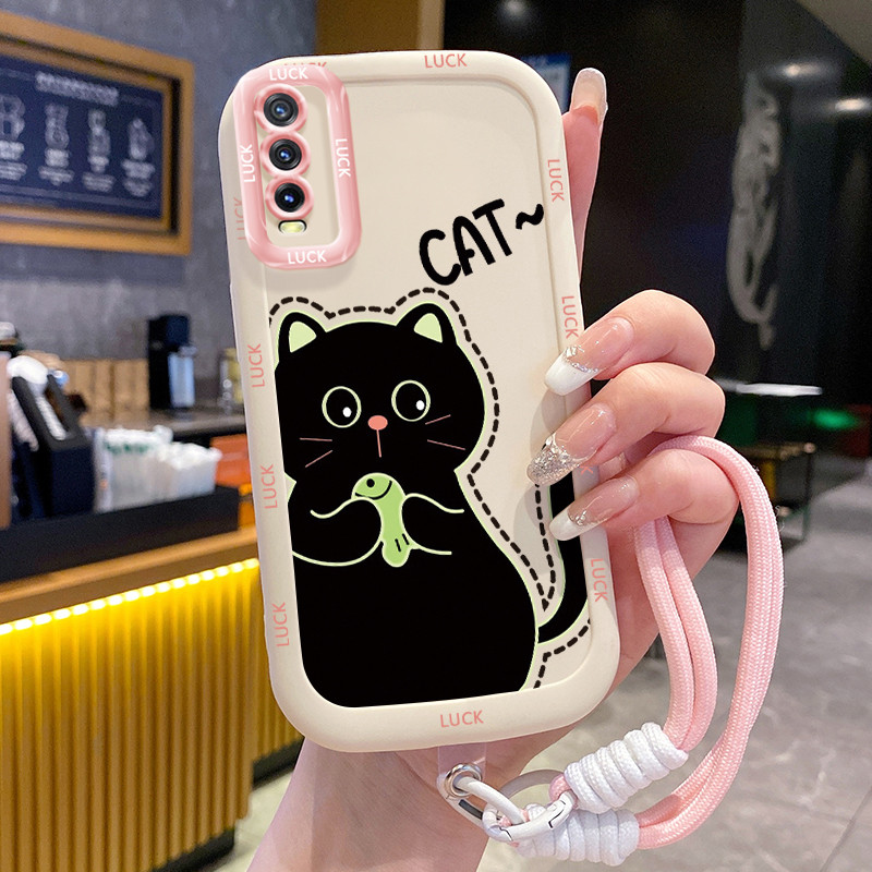 Ốp Lưng VIVO Y20 Y20i Y20s Y20A Y20G Y12A Y12S Y11s Case Mèo đen nhỏ Với Lanyard