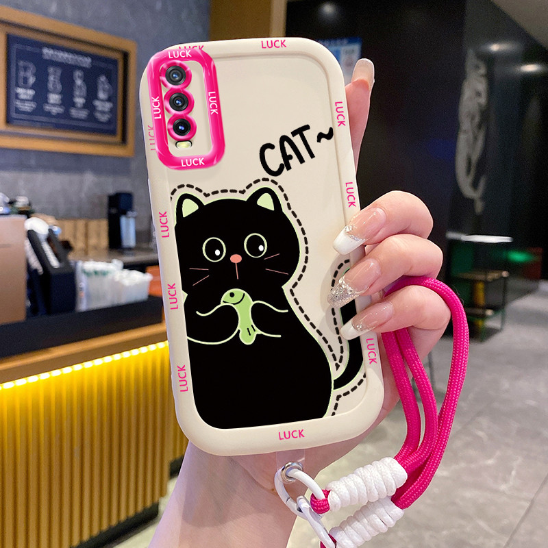 Ốp Lưng VIVO Y20 Y20i Y20s Y20A Y20G Y12A Y12S Y11s Case Mèo đen nhỏ Với Lanyard