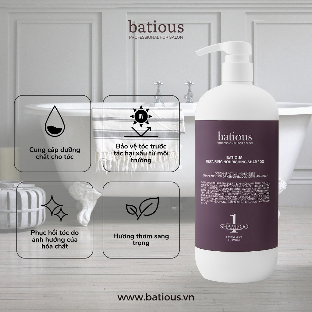 Cặp Dầu Gội Xả Batious Tím Phục Hồi Hư Tổn Đa Tầng, Tái Tạo Nang Tóc 500ml-960ml