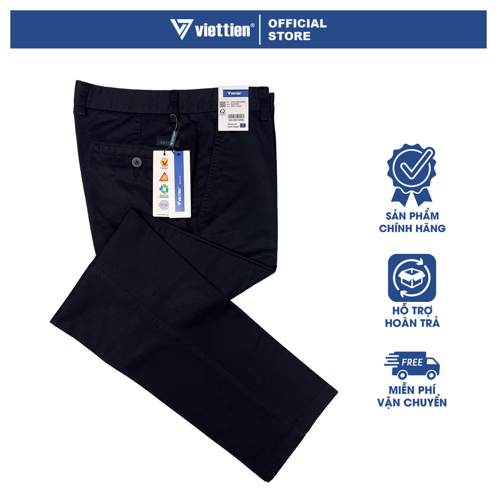 VIETTIEN SALE - Quần Kaki Việt Tiến, Màu Đen, Họa Tiết Trơn, Form Regular Không Ly