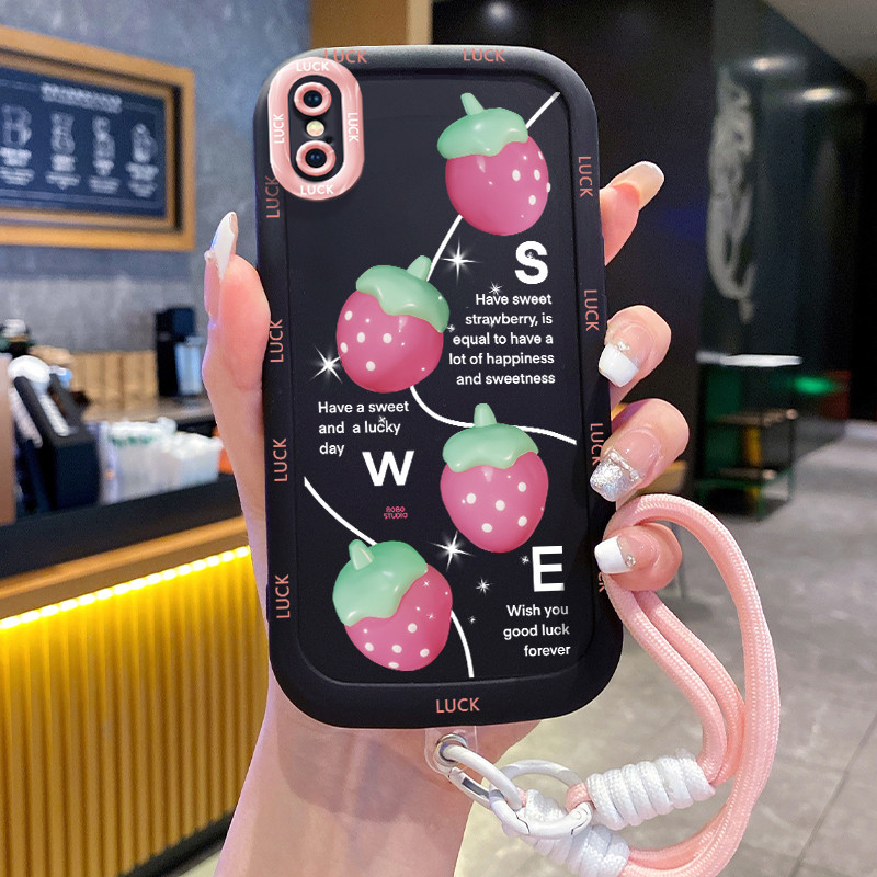 Ốp Lưng iPhone X Xs Xr Xs Max 7 Plus 8 Plus Case Dâu tây nhỏ Với Lanyard