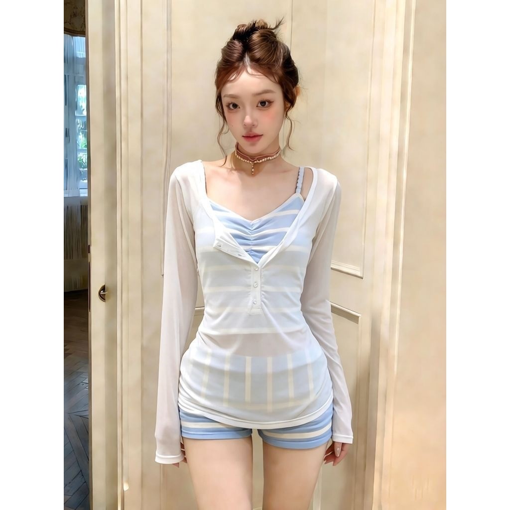 Bộ đồ Bikini bảo thủ sọc trắng xanh mỏng hơn | Bán chạy nhất Đông Nam Á Bán chạy xuyên biên giới