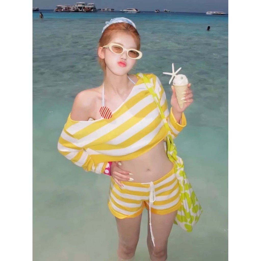Pure Desire Girl Bán Chạy Sọc Chia Rốn Bikini Boxer Đan Áo Phong Cách Kỳ Nghỉ Nóng Mùa Xuân Đồ Bơi
