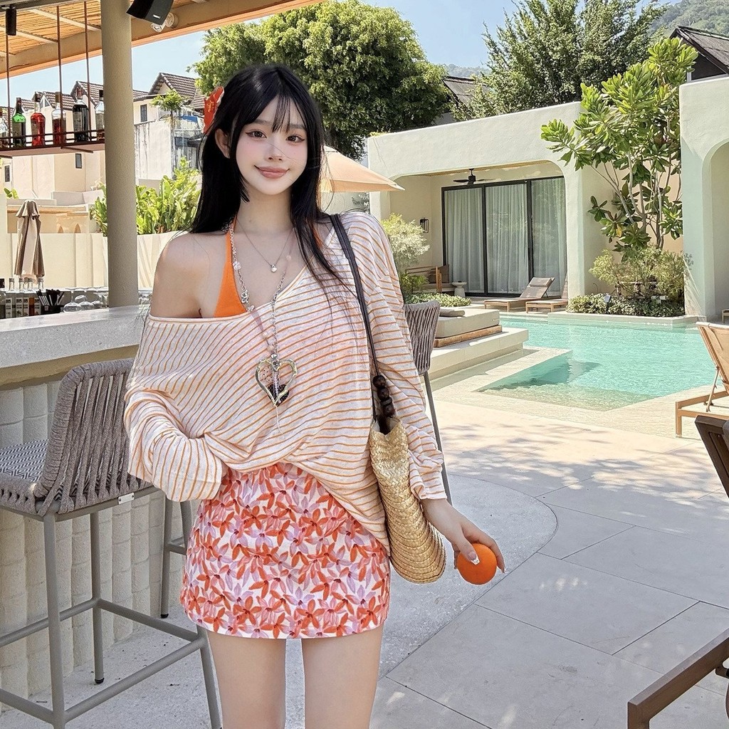Seaside Dopamine Sáng Kỳ Nghỉ Mặc Nữ Nóng Cô Gái Đeo Vai Sọc Áo Thun Áo Màu Cam Dây Đồ Bơi Nữ