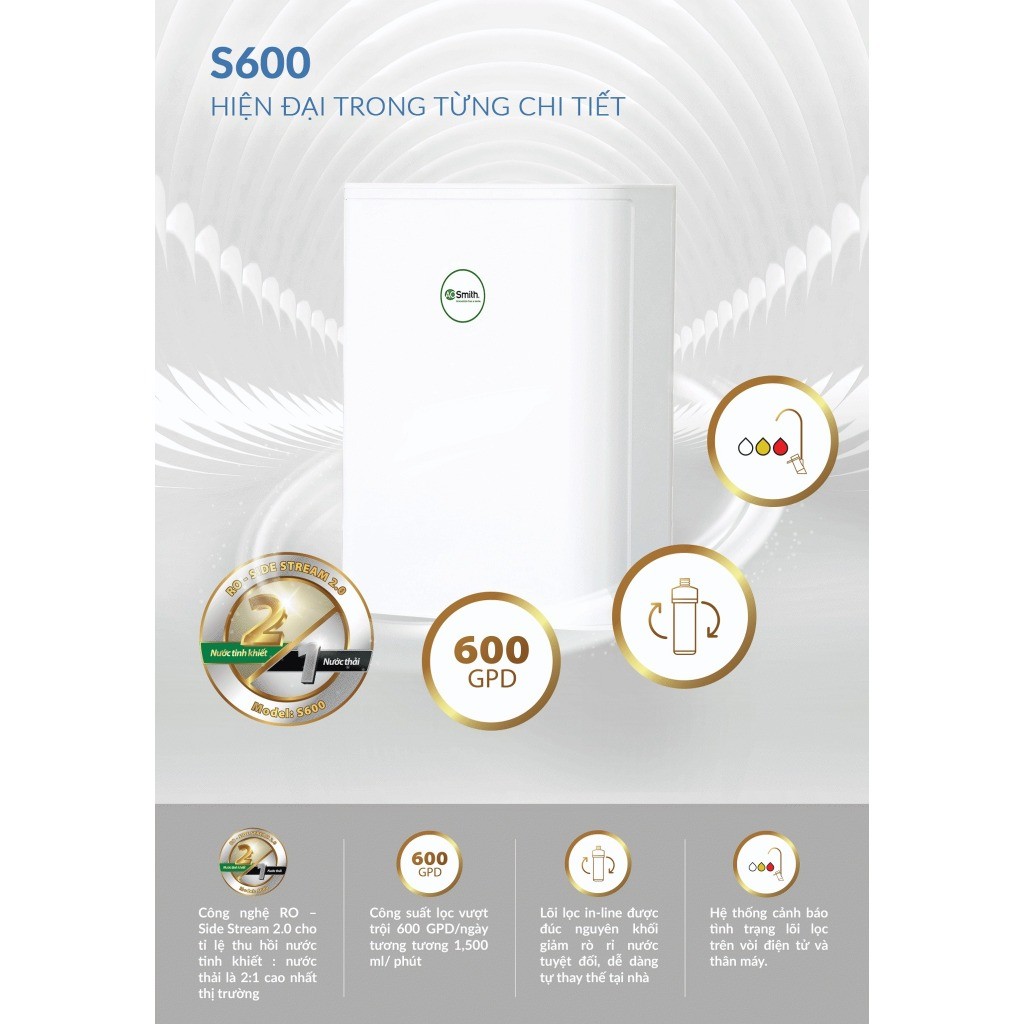 Máy Lọc Nước RO Side Stream A. O. Smith (aosmith) S600 – Công Suất Lọc 1.5L/Phút