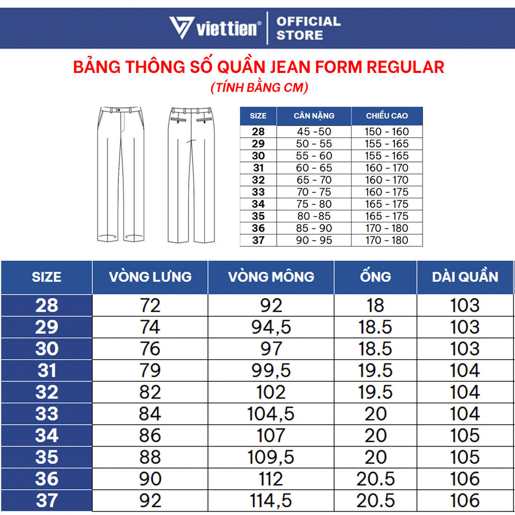 VIETTIEN SALE - QUẦN JEAN VIETTIEN, Màu Xanh, Họa Tiết Trơn, Form Regular Chất liệu cao cấp