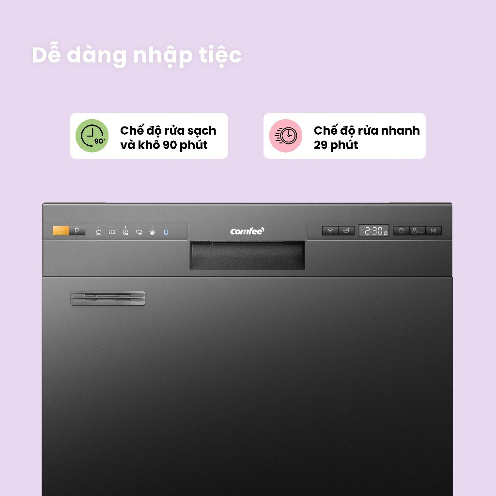 Máy rửa bát thông minh COMFEE CDW-10F60TB 12 bộ – Sấy khí nóng AI Heat Dry, Diệt khuẩn UV