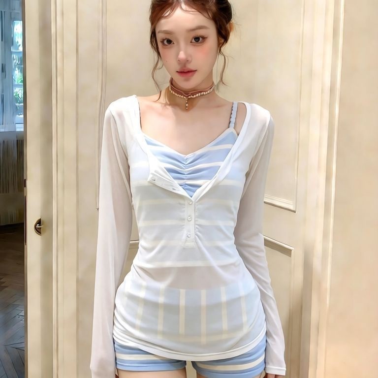 Bộ đồ Bikini bảo thủ sọc trắng xanh mỏng hơn | Bán chạy nhất Đông Nam Á Bán chạy xuyên biên giới