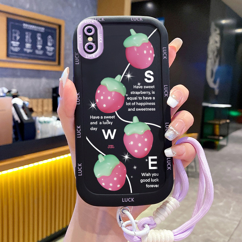 Ốp Lưng iPhone X Xs Xr Xs Max 7 Plus 8 Plus Case Dâu tây nhỏ Với Lanyard