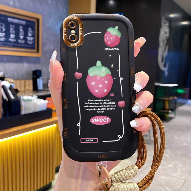 Ốp Lưng iPhone X Xs Xr Xs Max 7 Plus 8 Plus Case Dâu tây nhỏ Với Lanyard