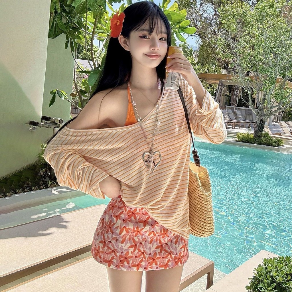 Seaside Dopamine Sáng Kỳ Nghỉ Mặc Nữ Nóng Cô Gái Đeo Vai Sọc Áo Thun Áo Màu Cam Dây Đồ Bơi Nữ