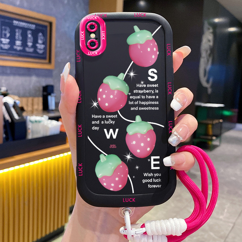 Ốp Lưng iPhone X Xs Xr Xs Max 7 Plus 8 Plus Case Dâu tây nhỏ Với Lanyard