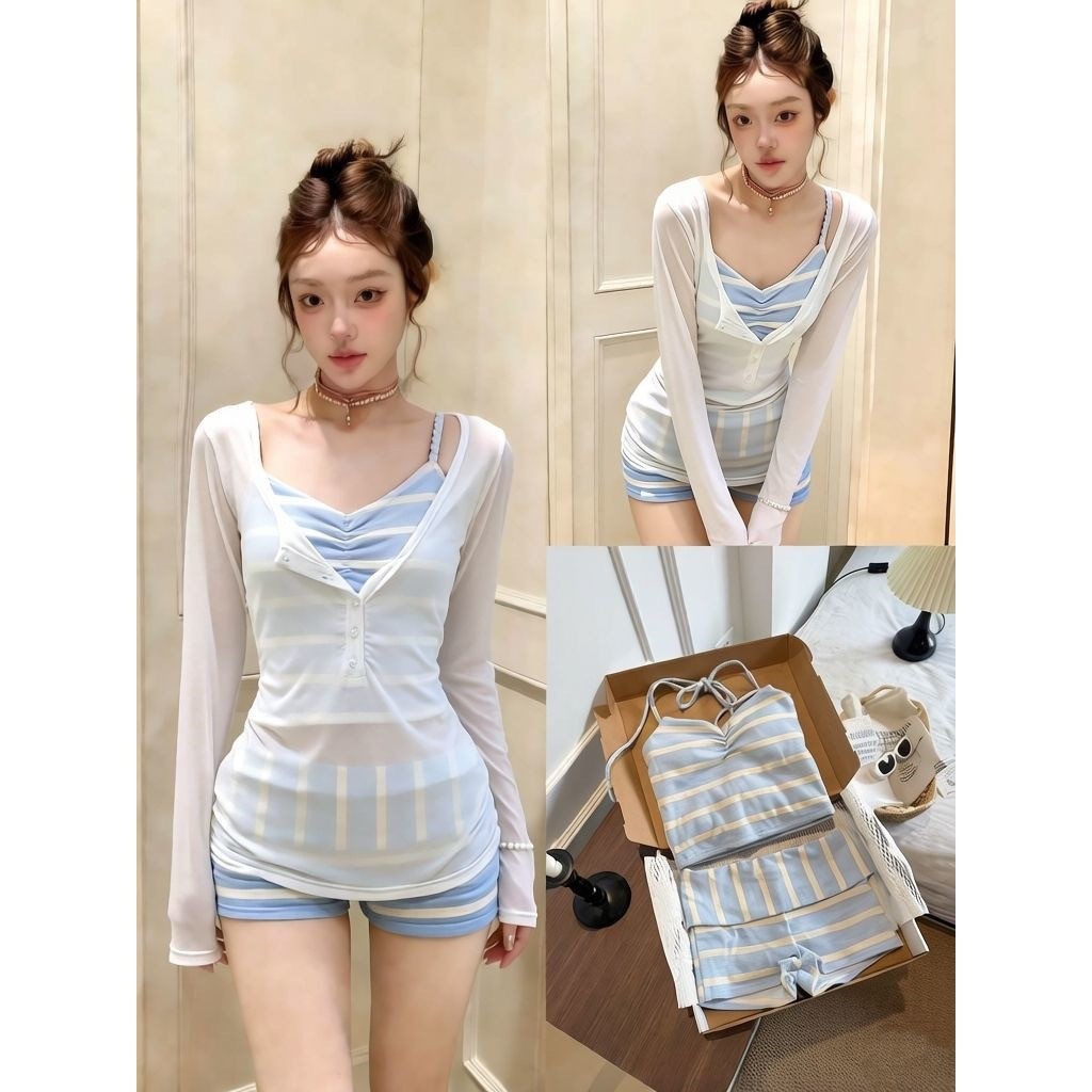Bộ đồ Bikini bảo thủ sọc trắng xanh mỏng hơn | Bán chạy nhất Đông Nam Á Bán chạy xuyên biên giới