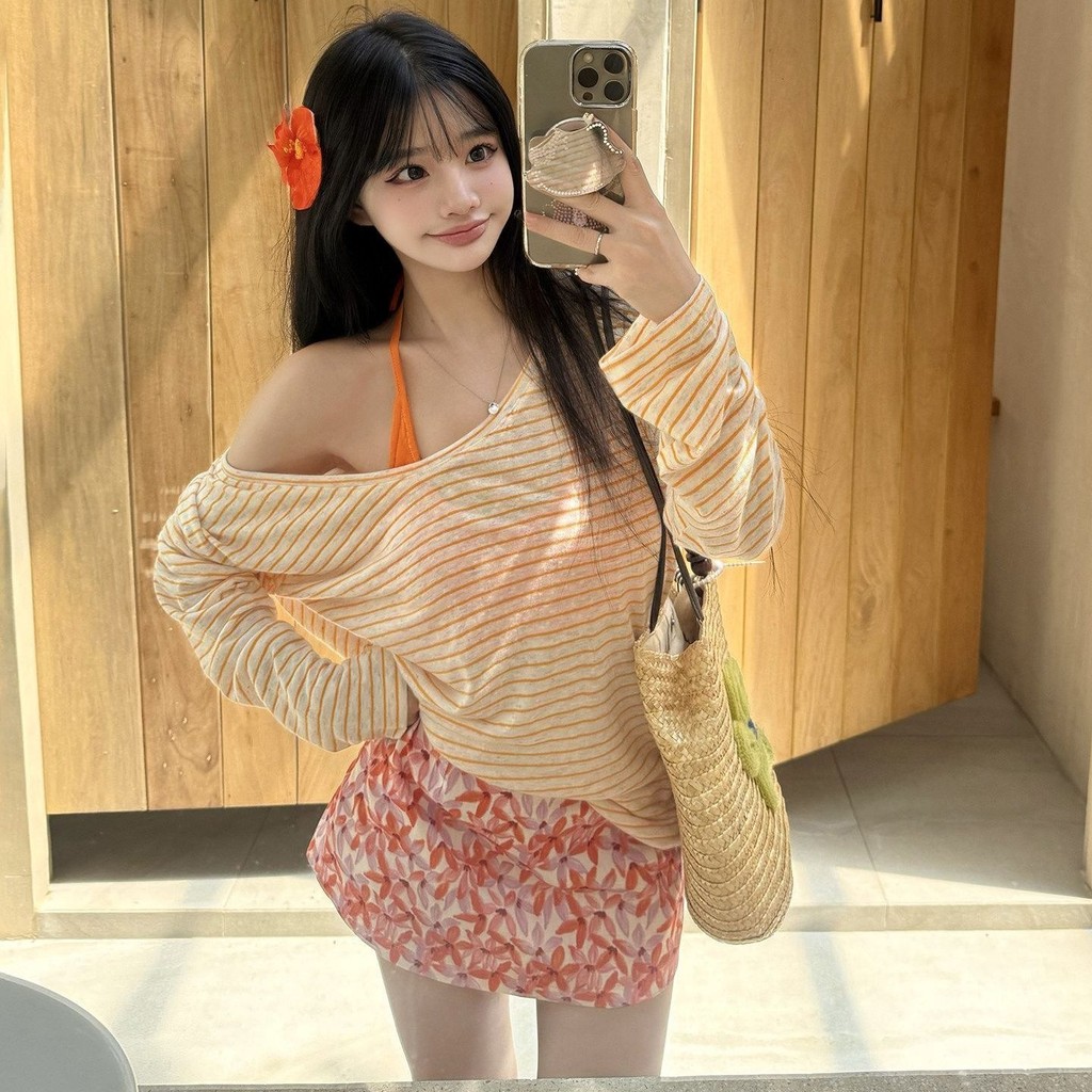 Seaside Dopamine Sáng Kỳ Nghỉ Mặc Nữ Nóng Cô Gái Đeo Vai Sọc Áo Thun Áo Màu Cam Dây Đồ Bơi Nữ