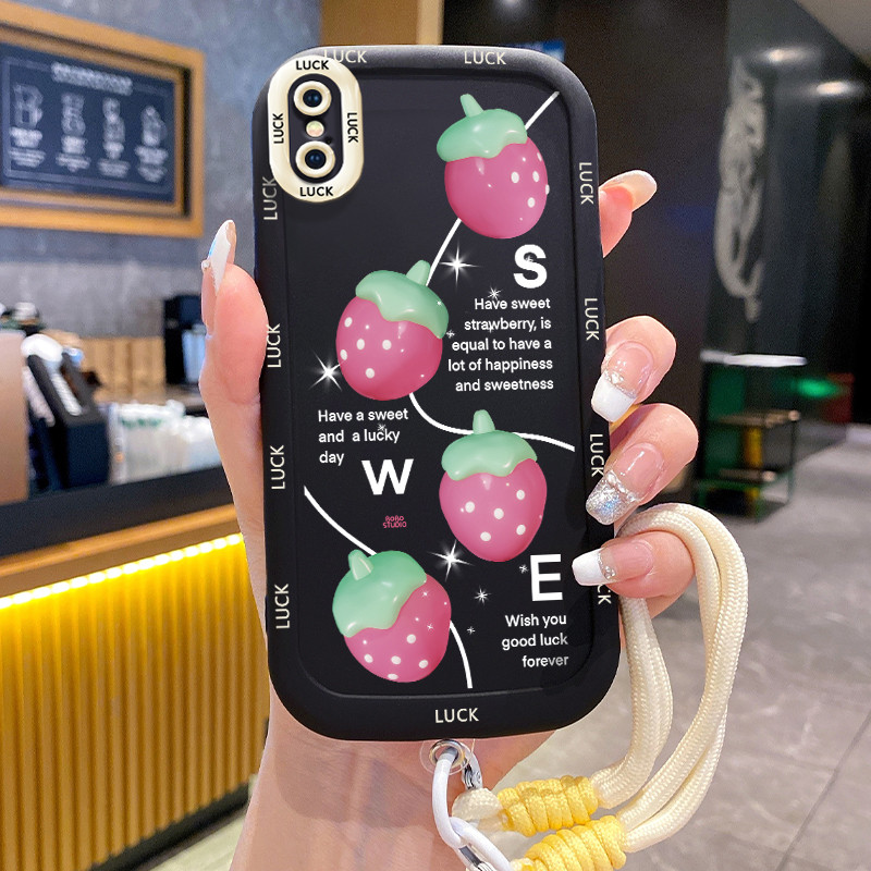 Ốp Lưng iPhone X Xs Xr Xs Max 7 Plus 8 Plus Case Dâu tây nhỏ Với Lanyard