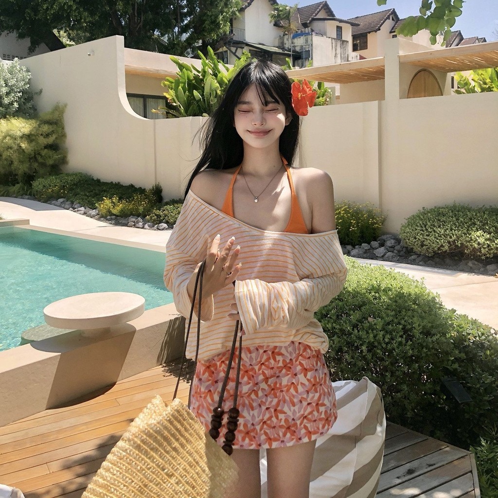 Seaside Dopamine Sáng Kỳ Nghỉ Mặc Nữ Nóng Cô Gái Đeo Vai Sọc Áo Thun Áo Màu Cam Dây Đồ Bơi Nữ