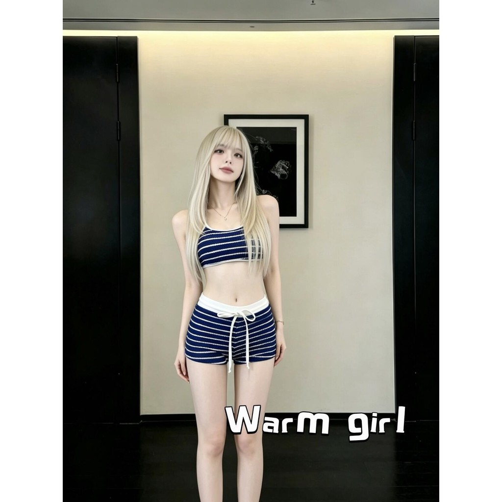 [Vượt Biển Mây] Đơn Giản Xanh Trắng Sọc Nóng Cô Gái bikini Cô Gái Vú Nhỏ Kỳ Nghỉ Ảnh Đồ Bơi Nữ