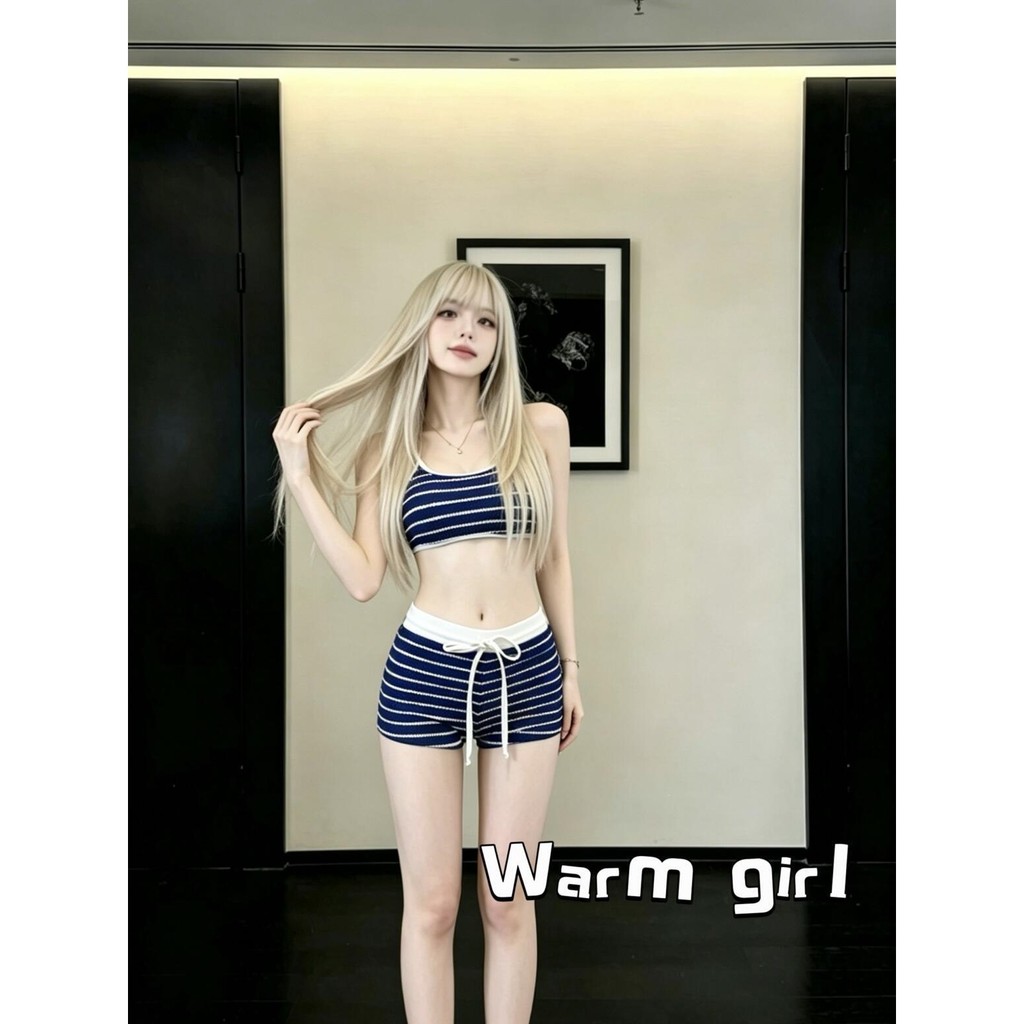 [Vượt Biển Mây] Đơn Giản Xanh Trắng Sọc Nóng Cô Gái bikini Cô Gái Vú Nhỏ Kỳ Nghỉ Ảnh Đồ Bơi Nữ