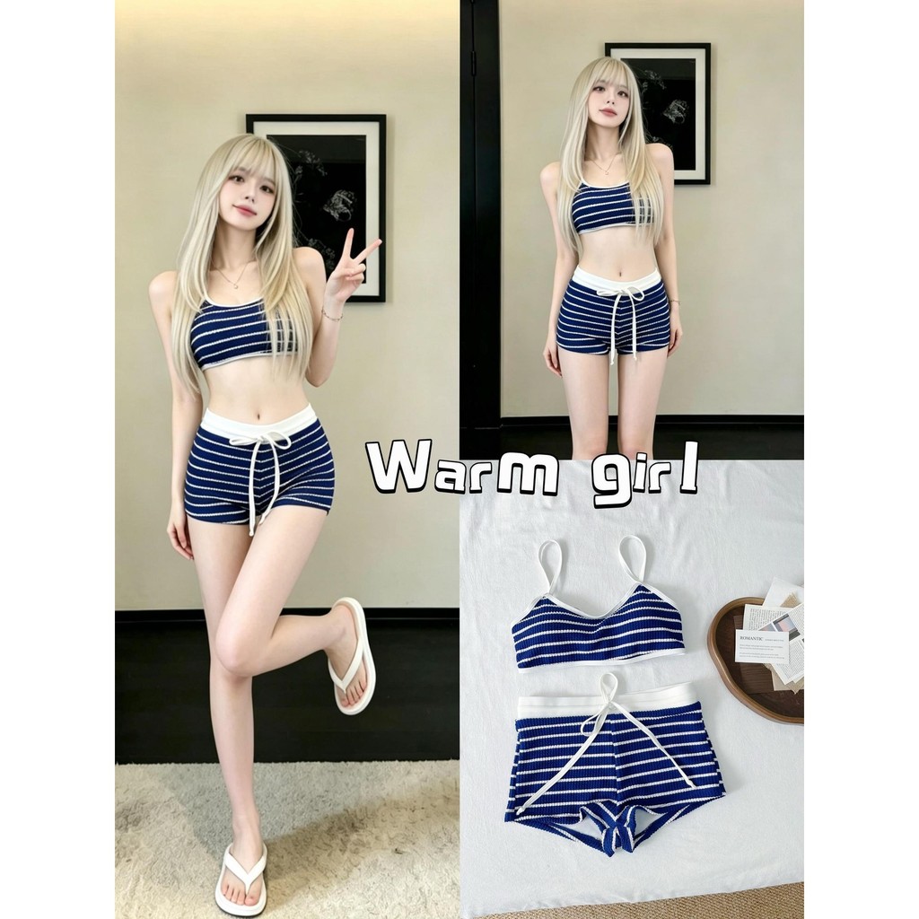 [Vượt Biển Mây] Đơn Giản Xanh Trắng Sọc Nóng Cô Gái bikini Cô Gái Vú Nhỏ Kỳ Nghỉ Ảnh Đồ Bơi Nữ