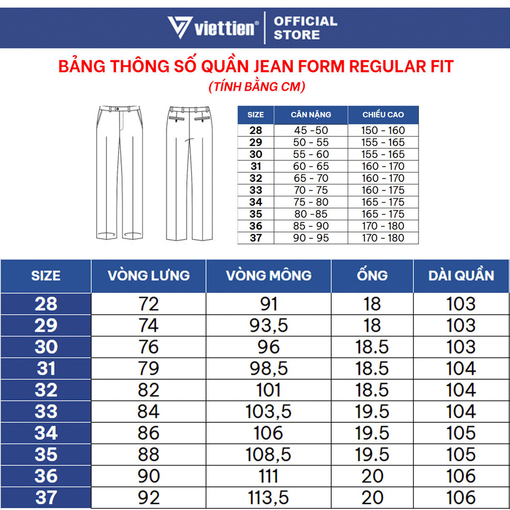 VIETTIEN SALE - QUẦN JEAN VIETTIEN, Màu Xanh, Họa Tiết Trơn, Form Regular Fit Chất liệu cao cấp