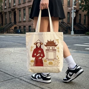 Túi tote canvas Hà Nội phố cổ áo dài thiếu nữ minh họa Khuê Văn Các quà du lịch Việt Nam vintage a-tota0176