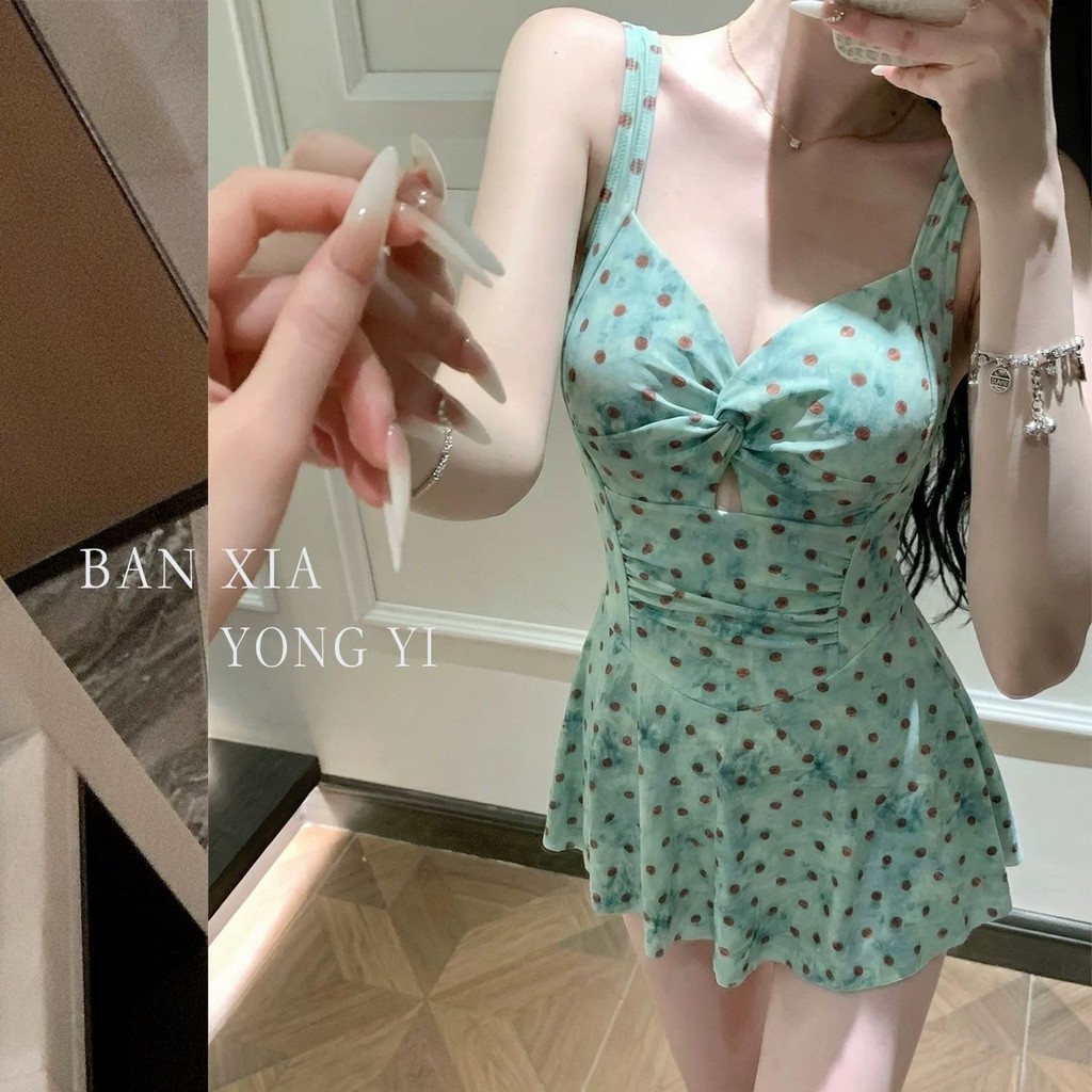 2026 Phong Cách Mới Retro Xanh Bảo Thủ Đẹp Đồ Bơi Nữ Bao Bụng Trắng Mỏng Hơn Nhìn Một Mảnh Váy Đồ Bơi
