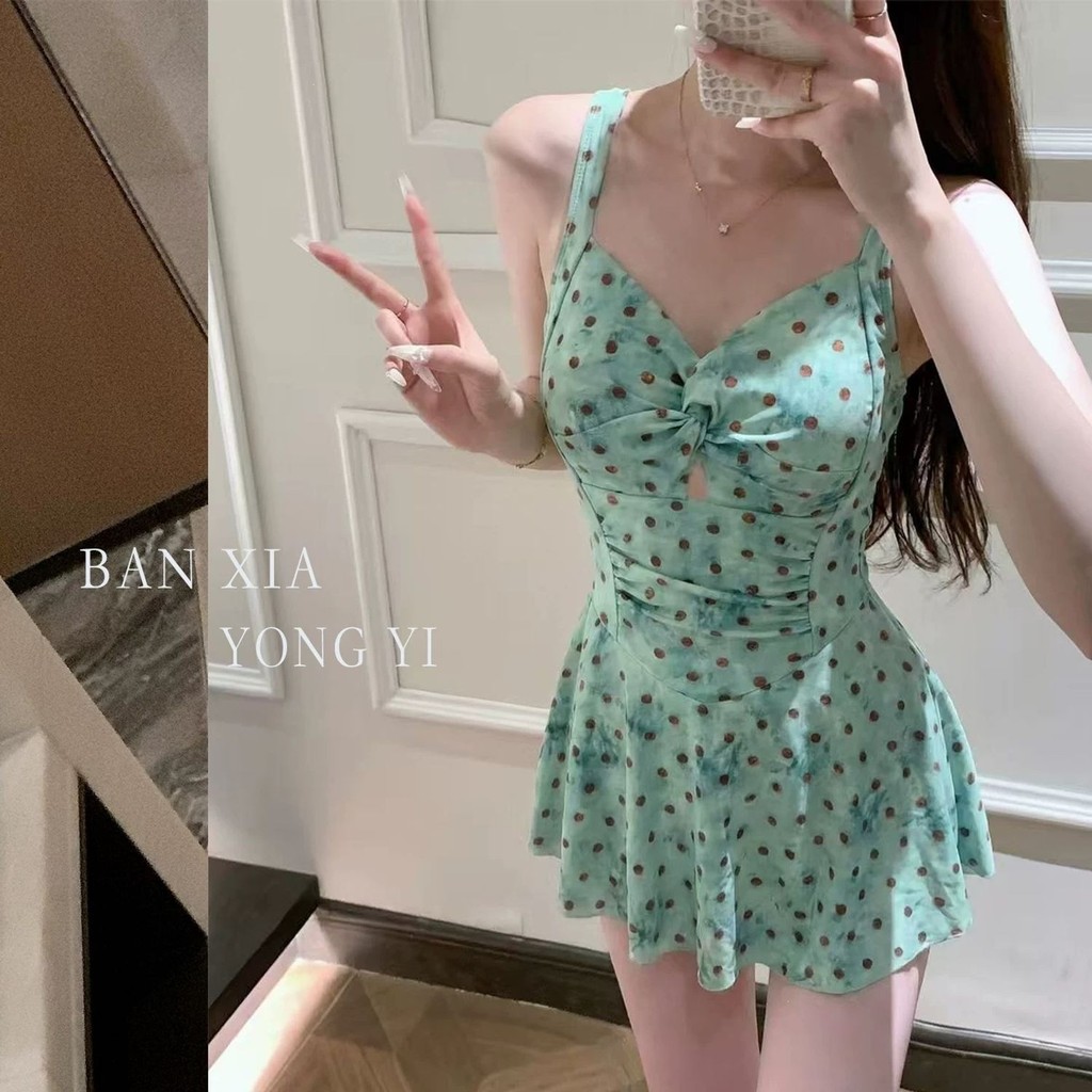 2026 Phong Cách Mới Retro Xanh Bảo Thủ Đẹp Đồ Bơi Nữ Bao Bụng Trắng Mỏng Hơn Nhìn Một Mảnh Váy Đồ Bơi