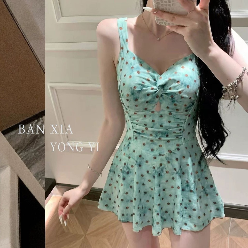 2026 Phong Cách Mới Retro Xanh Bảo Thủ Đẹp Đồ Bơi Nữ Bao Bụng Trắng Mỏng Hơn Nhìn Một Mảnh Váy Đồ Bơi