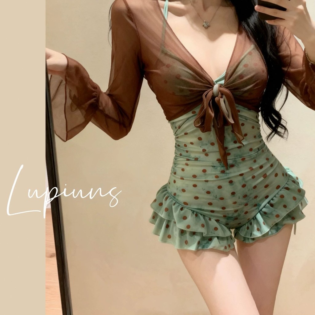 Mùa Hè Phong Cách Mới Đồ Bơi Pháp Ngọt Cay Phong Cách Một Mảnh Đồ Bơi Nữ Chấm Bi Xù Ren-Up Mỏng Hơn Nhìn Thường Ngày Kem Chống Nắng