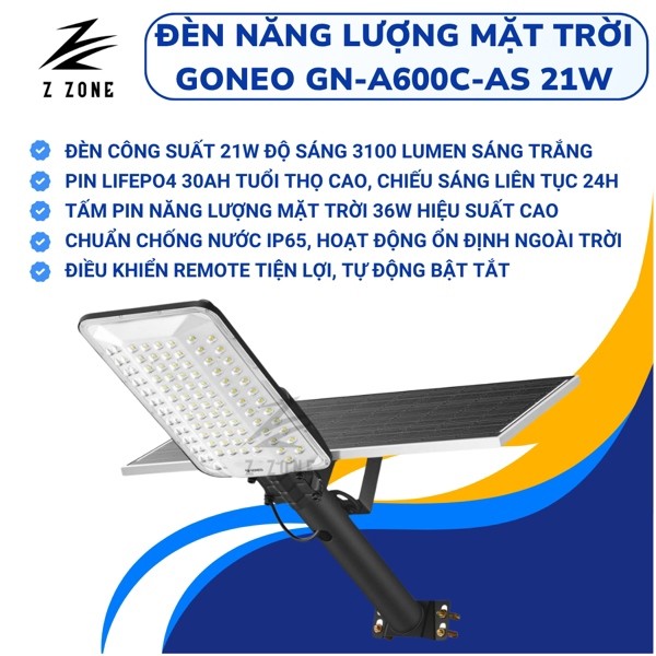 Đèn đường năng Năng Lượng Mặt Trời GONEO - GN-A600C-AS - Công suất 21W - Độ sáng 3100Lm - BH 24T
