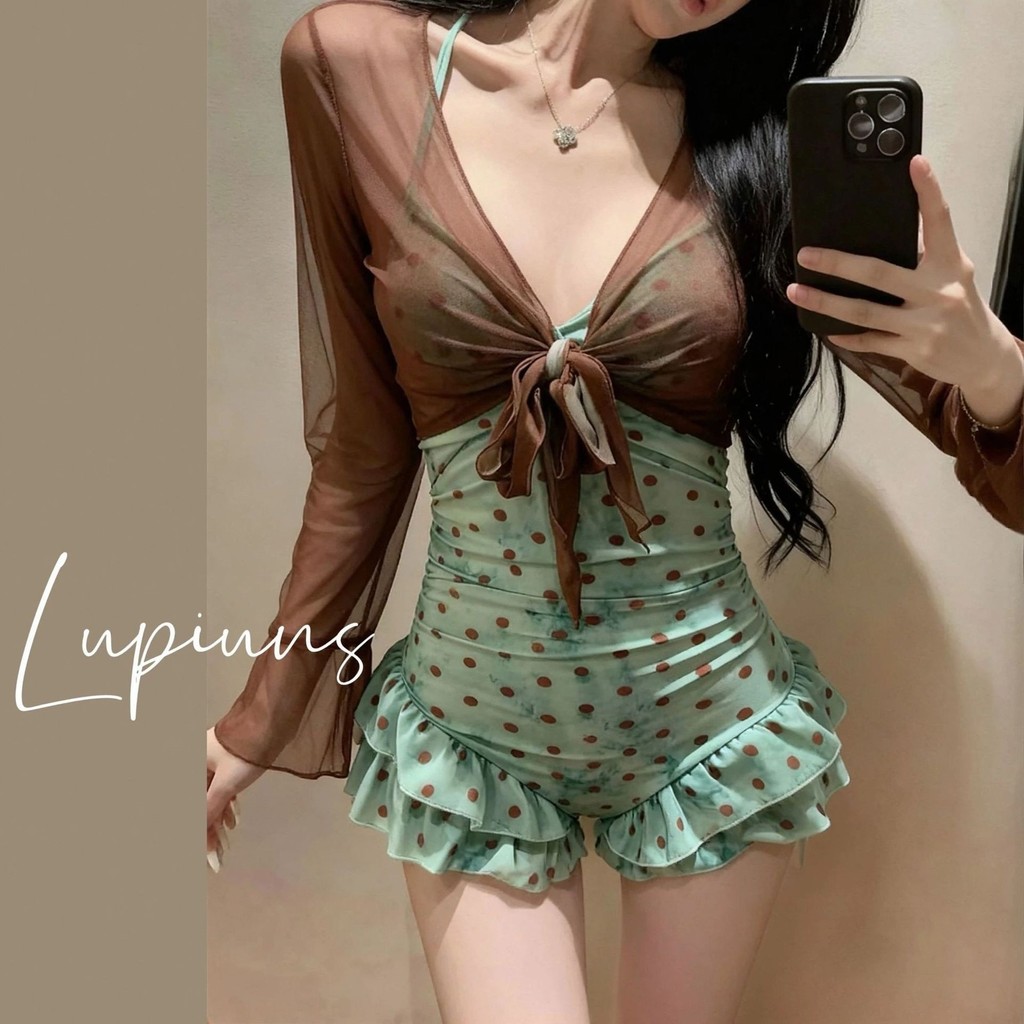 Mùa Hè Phong Cách Mới Đồ Bơi Pháp Ngọt Cay Phong Cách Một Mảnh Đồ Bơi Nữ Chấm Bi Xù Ren-Up Mỏng Hơn Nhìn Thường Ngày Kem Chống Nắng