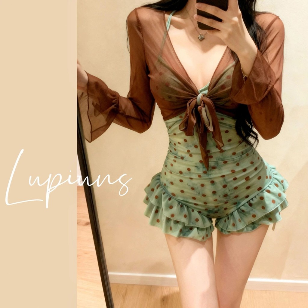 Mùa Hè Phong Cách Mới Đồ Bơi Pháp Ngọt Cay Phong Cách Một Mảnh Đồ Bơi Nữ Chấm Bi Xù Ren-Up Mỏng Hơn Nhìn Thường Ngày Kem Chống Nắng