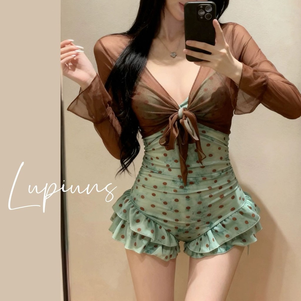 Mùa Hè Phong Cách Mới Đồ Bơi Pháp Ngọt Cay Phong Cách Một Mảnh Đồ Bơi Nữ Chấm Bi Xù Ren-Up Mỏng Hơn Nhìn Thường Ngày Kem Chống Nắng