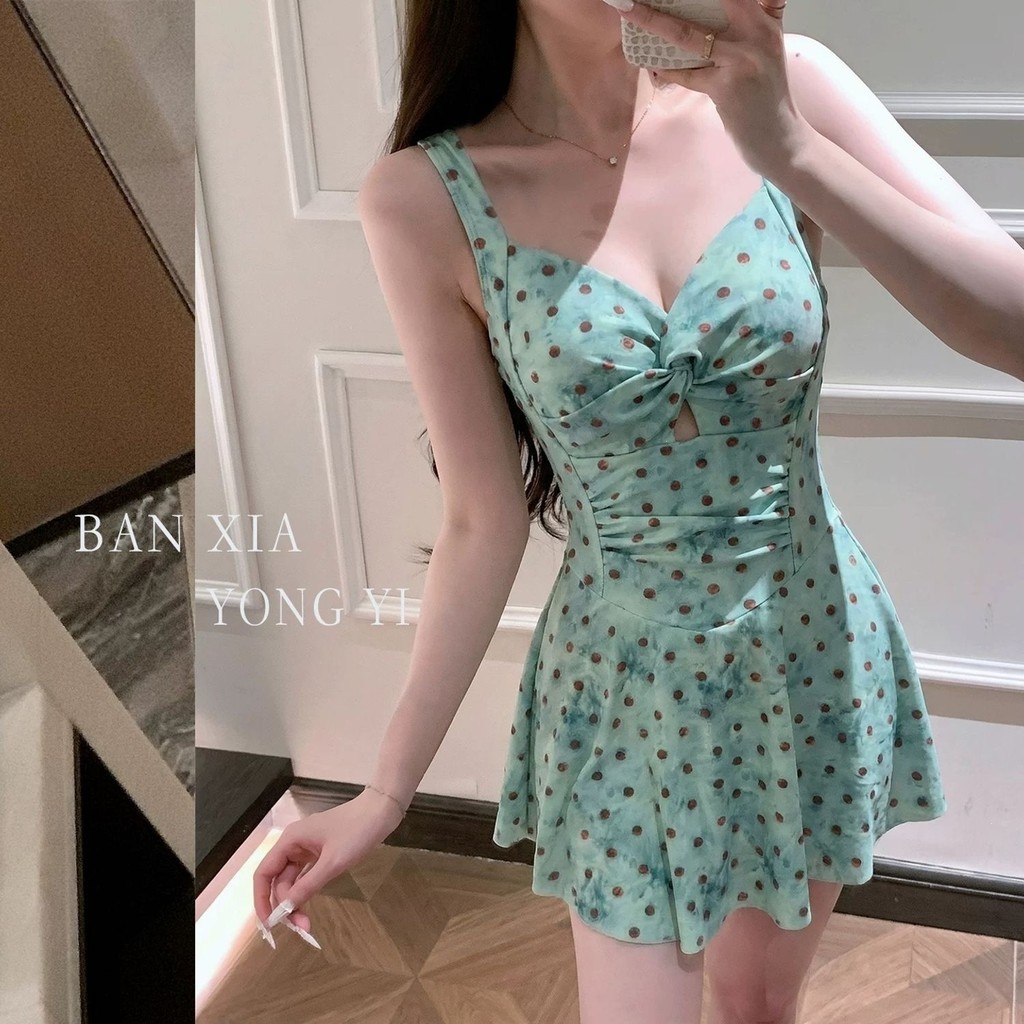 2026 Phong Cách Mới Retro Xanh Bảo Thủ Đẹp Đồ Bơi Nữ Bao Bụng Trắng Mỏng Hơn Nhìn Một Mảnh Váy Đồ Bơi