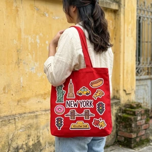 Túi vải canvas màu đỏ có khoá kéo in hình du lịch NEW YORK sticker thành phố không bao giờ ngủ a-tuid0070