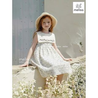 MLSDCC.7469 - Váy linen sát nách Melisa màu kem hoa dây cổ yếm trắng thêu size 2 - 11y
