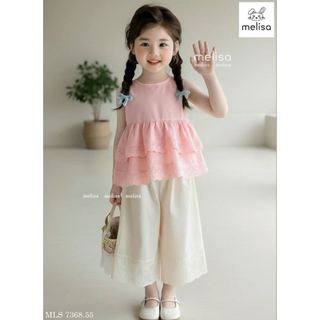 MLSBCC.7368 - Bộ Melisa áo hồng sát nách + quần ren kem bé gái size 2-12y