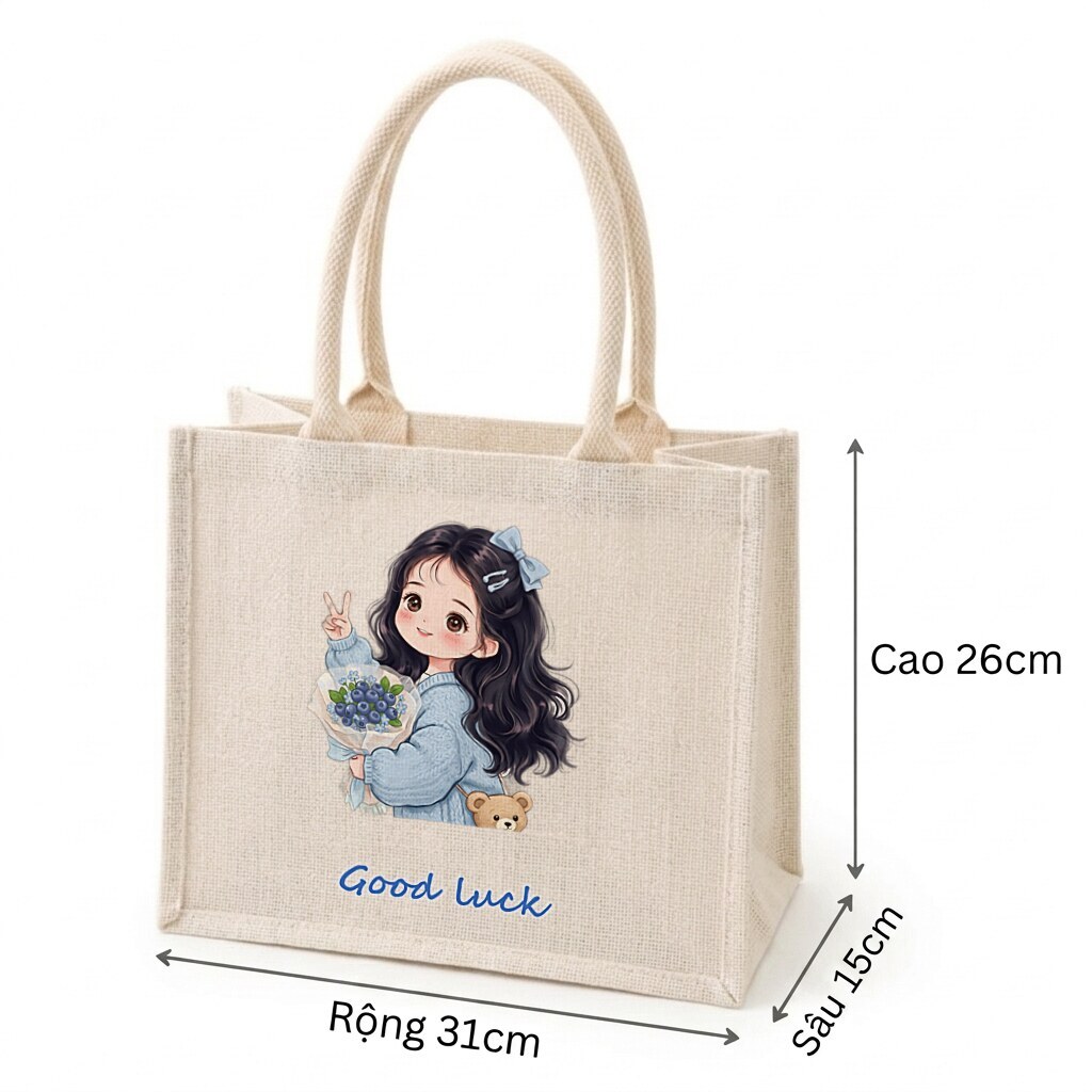 Túi vải đay jute tự nhiên có khóa in hình bé gái chibi ôm việt quất Good Luck dễ thương đi chơi quà tặng a-tdayb0127