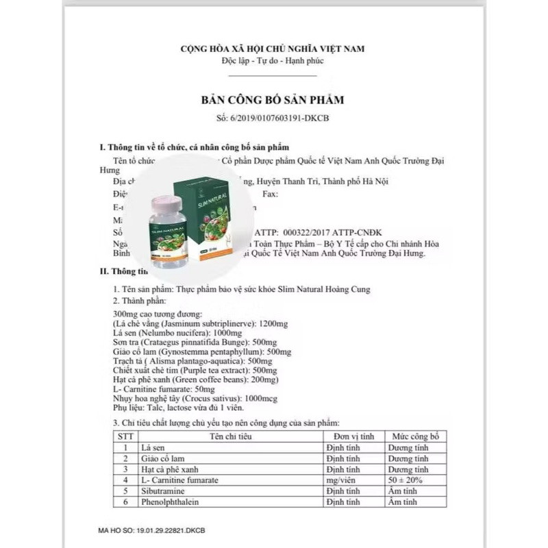 (Chính hãng 100%) [Có Sẵn] Giảm cân Hoàng Cung Slim Natural Hộp 30 Viên