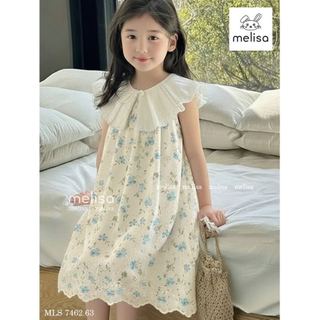 MLSDCC.7462 - Váy Melisa màu xanh hoa nhí cổ bèo trắng size 1-10y