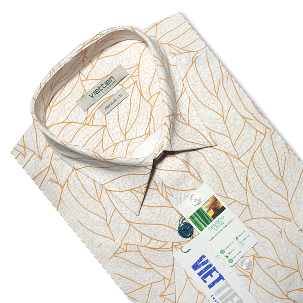 VIETTIEN SALE - Áo Sơ Mi VIETTIEN Ngắn Tay, Màu Vàng - Trắng, Họa Tiết Hoa Văn, Form Regular, Lai Ngang