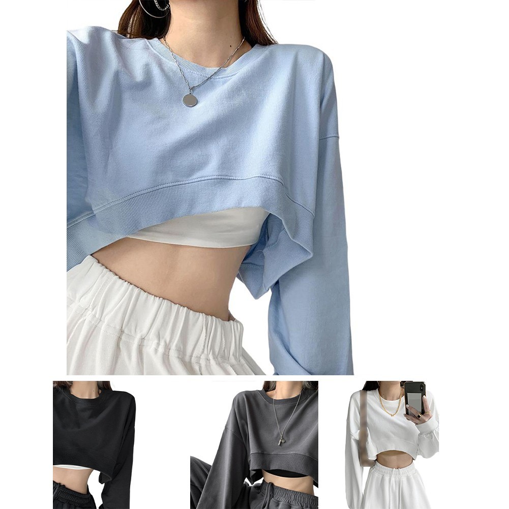 [COSYH] Áo Crop Top Crop Top dài tay dành cho nữ Áo thun dáng rộng