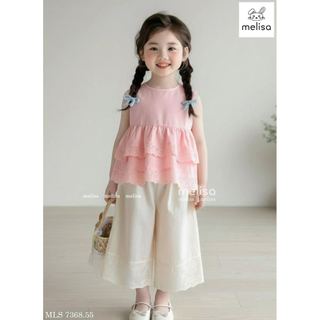 MLSBCC.7368 - Bộ Melisa áo hồng sát nách + quần ren kem bé gái size 2-12y
