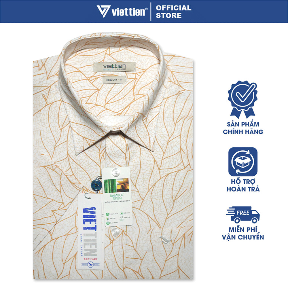 VIETTIEN SALE - Áo Sơ Mi VIETTIEN Ngắn Tay, Màu Vàng - Trắng, Họa Tiết Hoa Văn, Form Regular, Lai Ngang