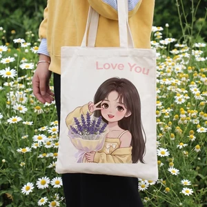 Túi Tote Vải Canvas Chibi Love You Cô Gái Hoa Oải Hương Có Khóa Túi Phụ Dễ Thương 3 Màu a-totak0229